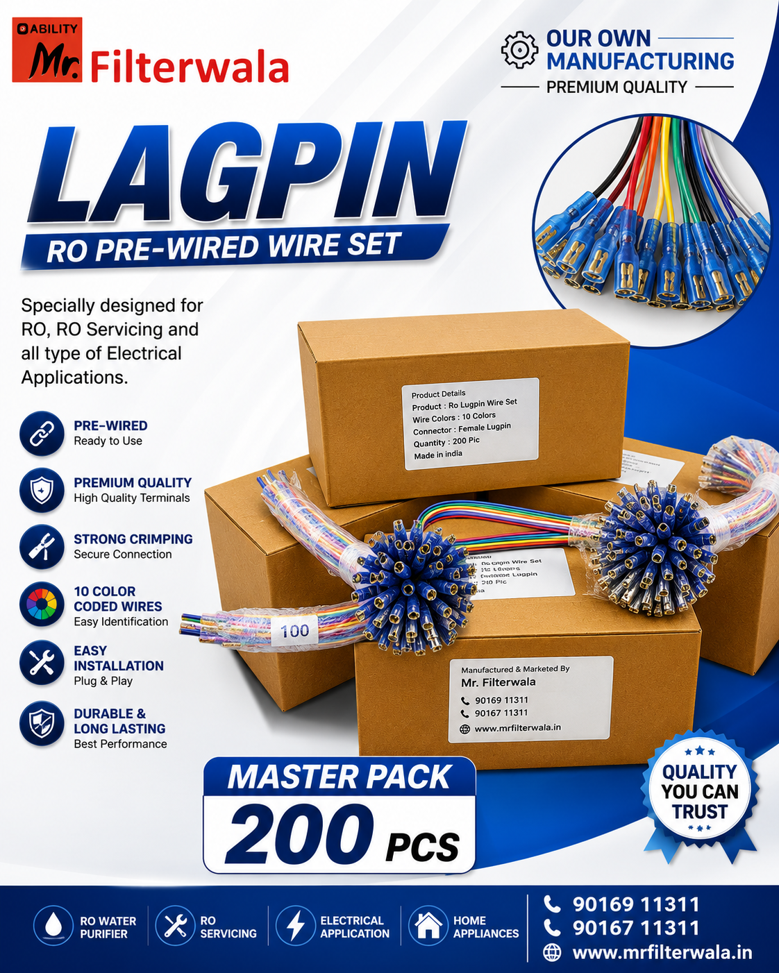 10 Color Pre-Wired Female Lugpin Connector (Packing 200 PCS)